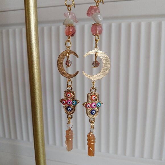 Tarnish Free Brass Gold Plated Crescent Moon Earrings With Multicolored Evil Eye - Picture 1 of 15